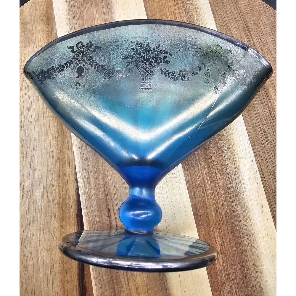 Vintage Irridescent‎ Blue Fan Vase With Silver Overlay